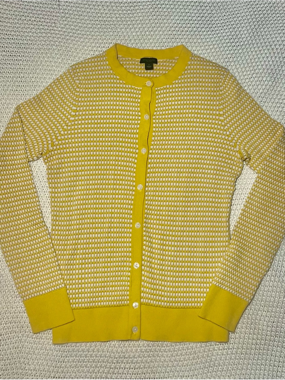 Ann Taylor Yellow and White Dot-Pattern Crewneck Cardigan